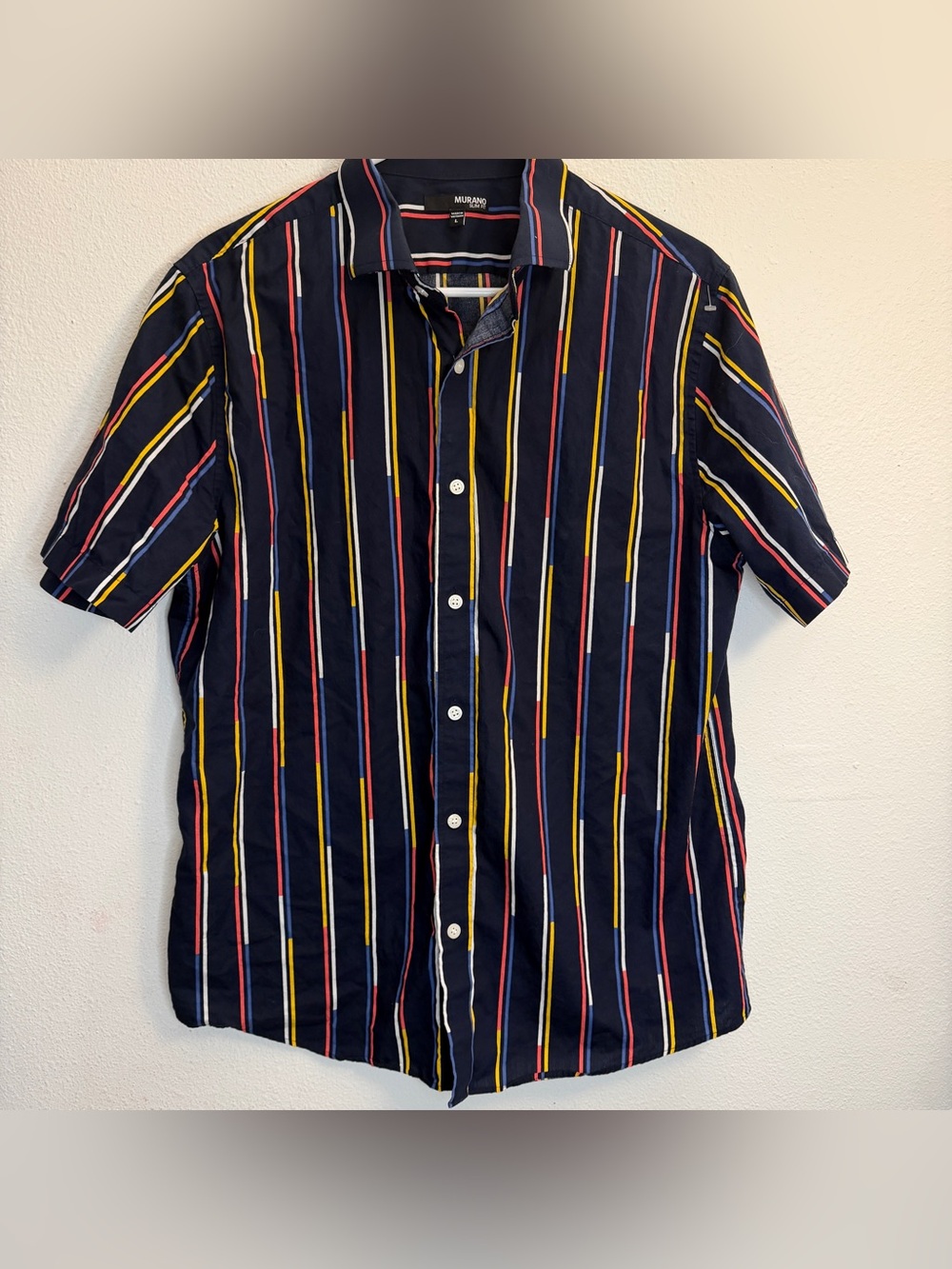 Murano Slim Fit Navy w/ colorful Striped Short Sleeve Button-Up Shirt, sz L